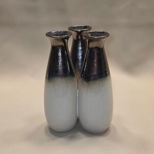 Modern Triple Connected Ceramic Bud Vase Metallic Bronze Ombre White Two Tone‎